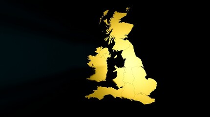 Illuminated golden map of Great Britain against a black background.