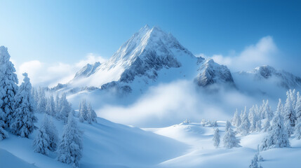 Fototapeta premium A snow-capped mountain with mist and trees
