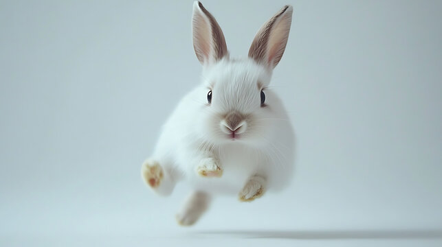 A white rabbit is jumping in the air
