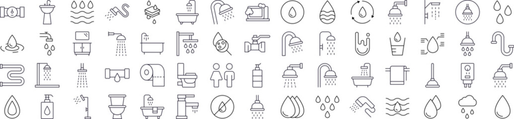 Water, Bathroom and Shower Thin Icons Collection. Editable Stroke. Perfect for Web Sites, Books, Cards, Apps