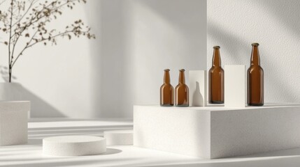Amber glass bottles on minimalist white display