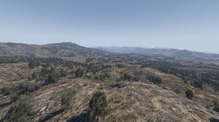 Obraz premium Aerial view hilly landscape, dry vegetation, clear sky, distant mountains, travel brochure