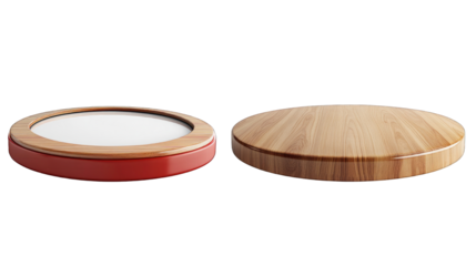 A wooden table with a red top and a white top