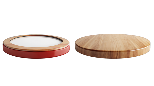 A wooden table with a red top and a white top