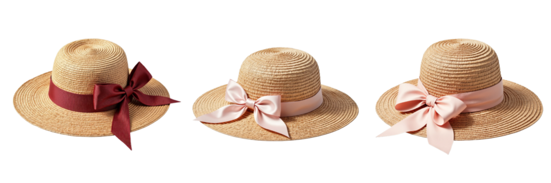 Stylish Straw Sun Hats with Ribbons Displayed Elegantly