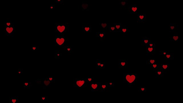 Valentine's Day Hearts 4k video black background. heart flying lots of love or heart shapes.
 Red hearts rain down in this charming Valentine's Day, Red love hearts animated background in 4K