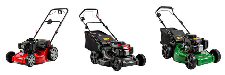 Fototapeta premium Three Colorful Lawnmowers Displayed Outdoors