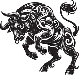Big Bull looking dangerous with big horn and angry strong bull vector black and white.