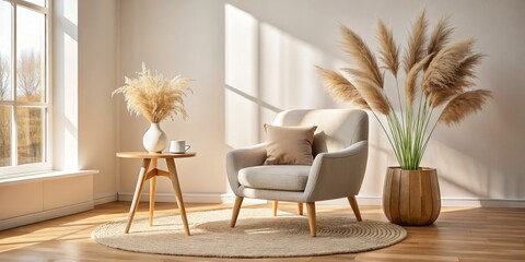 Fototapeta premium Modern Minimalist Beige Living Room Interior Design: Pampas Grass, Jute Rug, Armchair