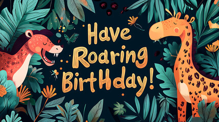 card featuring tropical leaves, wild animals, and "Have a Roaring Birthday!" in bold letters 