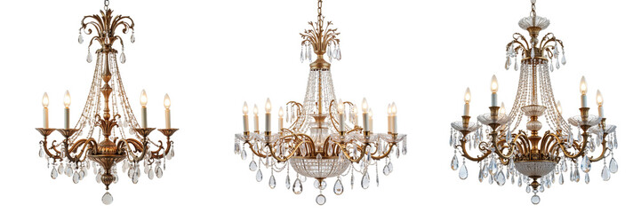 Three Ornate Chandeliers Showcasing Intricate Gold-Toned Metalwork and Crystal Accents