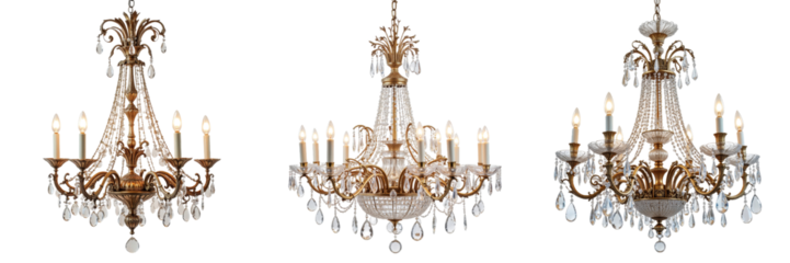Three Ornate Chandeliers Showcasing Intricate Gold-Toned Metalwork and Crystal Accents
