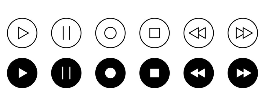 Play and pause icon collection. Media player icon collection. Music player icon collection. Play, pause and skip button signs. Play and pause button symbols. Vector illustration
