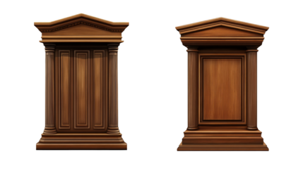 Two wooden pillars with a design on them