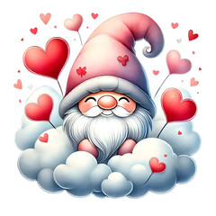 Obraz premium Cute gnome sitting on a cloud with hearts