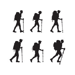 Naklejka premium Set of silhouette of Hiking man. hikers with rucksacks and backpack silhouette.