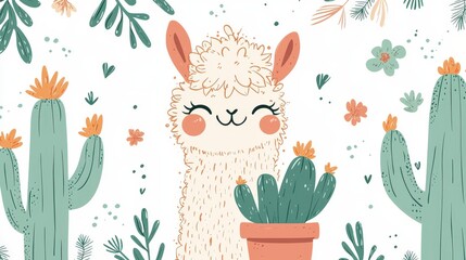 Obraz premium Cute Cartoon Llama Surrounded by Cacti and Flowers in Playful Pastel Colors