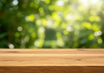 An image that evokes a sense of tranquility and connection to nature, with a wooden table and a blurred background of lush green foliage