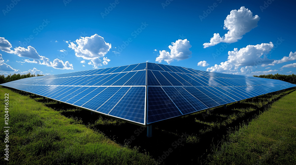 Wall mural a large rectangular array of solar panels on a grassy field