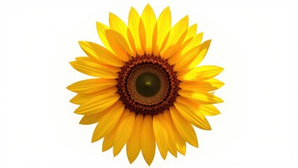 Fototapeta premium Basking in sunlight, a vibrant sunflower gazes skyward. Its heart—a rich brown disc with a lively green core—surrounds golden petals fading to delicate edges