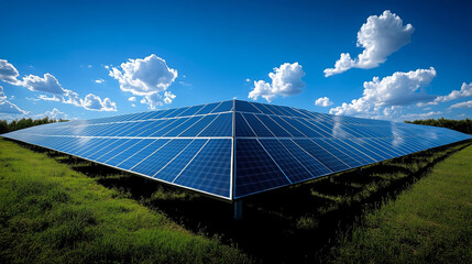 A large rectangular array of solar panels on a grassy field