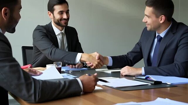 Two parties represented by business professionals reviewing, signing contract at conference table during negotiation, shake hands as gesture of mutual respect, finalize successful completion of deal