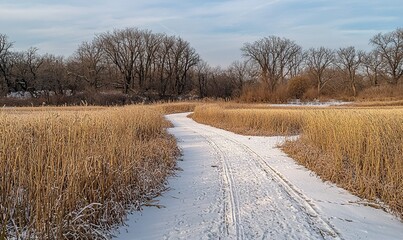 Snowy path through golden field, winter landscape, ideal for nature or travel themes
