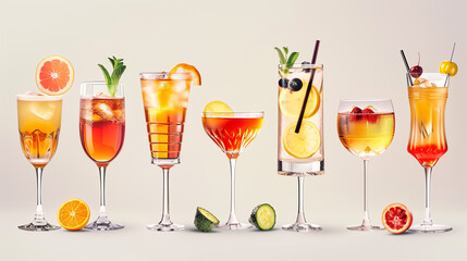 set of A vibrant assortment of cocktails in elegant glasses, showcasing colorful ingredients and refreshing garnishes perfect for summer gatherings