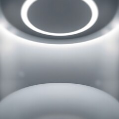 Circular light illuminates minimalist room.