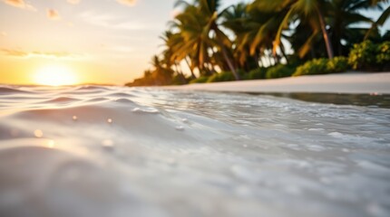 Fototapeta premium The golden sun dips below the horizon, painting the sky with vibrant hues as a lone palm tree sways gently on a pristine beach, the turquoise ocean stretching endlessly towards the horizon