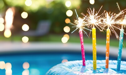 Sparklers on a pool float at a backyard birthday party with bokeh lights