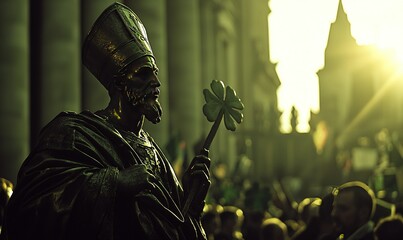 St. Patrick statue with shamrock, crowd, Dublin city sunset, Irish celebration, historical landmark