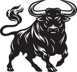 Big Bull looking dangerous with big horn and angry strong bull vector black and white.