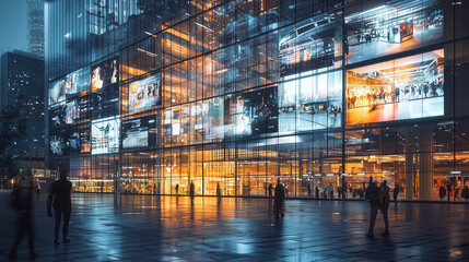 Obraz premium Modern cityscape at night with glass building displaying digital screens, glowing storefronts, and silhouettes of people