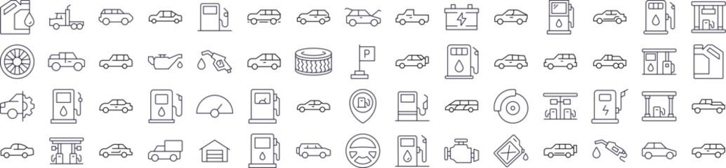 Collection of Car, Gas Station, Road Related Line Icons. Outline Signs for Graphic and Web Design, Apps, Adverts, Various Cards