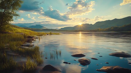 Fototapeta premium Tranquil Sunset Over a Serene Lake with Mountainous Backdrop