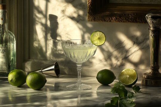 A classic Gimlet cocktail in a chilled coupe glass, garnished with a thin lime wheel on the rim, set on a marble countertop