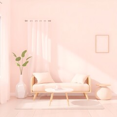 Minimalist pink living room interior.