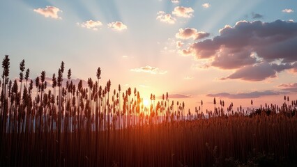 Golden sunset illuminates towering grass as an orange-yellow sun kisses a light blue sky, casting a serene glow over the tranquil field