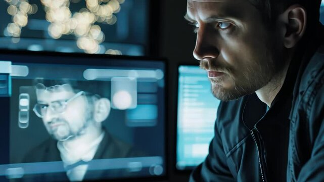 A man security analyst explores the use of artificial intelligence in cybersecurity, highlighting how AI detects and prevents cyber threats