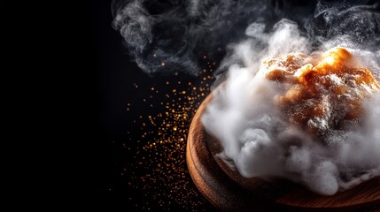Smoky golden dessert elegantly presented dark background. AI Generated