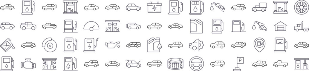 Car, Gas Station, Road Line Icon Pack. Outline Signs for Graphic and Web Design, Apps, Adverts, Various Cards