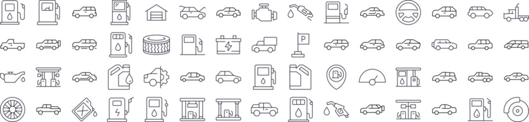 Car, Gas Station, Road Line Icon Bundle. Outline Signs for Graphic and Web Design, Apps, Adverts, Various Cards
