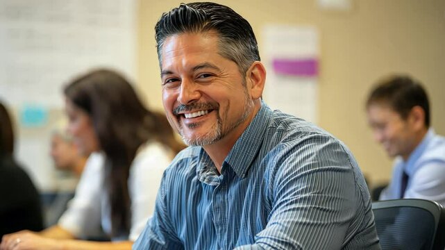 A man teacher incorporates online learning for continuing education, empowering adults to upskill and advance their careers