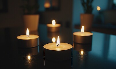Tea lights flicker on a dark, reflective surface in a dimly lit room with plants in the background, creating a peaceful ambiance