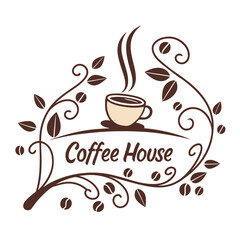 Coffee illustration, steaming cup, coffee beans trail, rustic design, brown monochrome, minimalist logo, café branding, home-style comfort, organic curves, vintage aesthetics, 