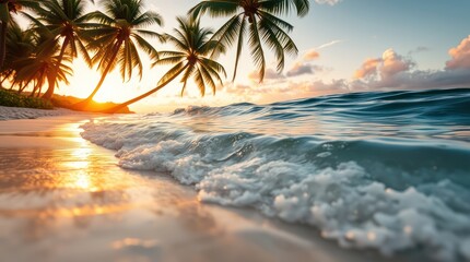 Tropical paradise: A vibrant sunset paints the sky above a palm-fringed beach, where the ocean meets the sand