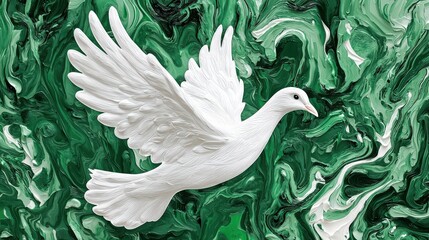 White Dove in Flight Against Abstract Green Marble Background Artful Design
