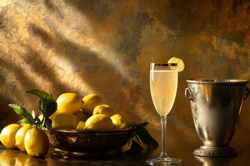 A dramatic composition of a French 75 in a golden-rimmed flute, surrounded by a bowl of fresh lemons.Classic french 75.Champagne cocktail.Gin cocktail.French 75.