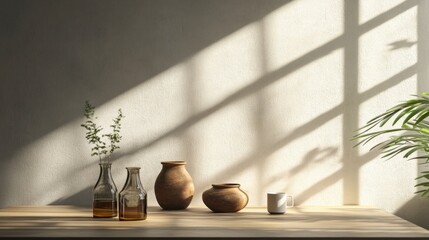 Sunlit Pottery Still Life on Wooden Table